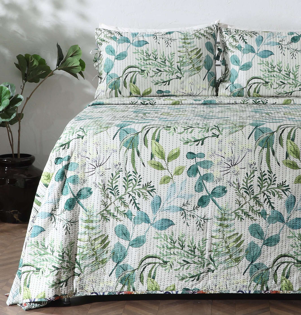 COTTON REVERSIBLE BEDSPREAD SET - BOTANICAL BLISS