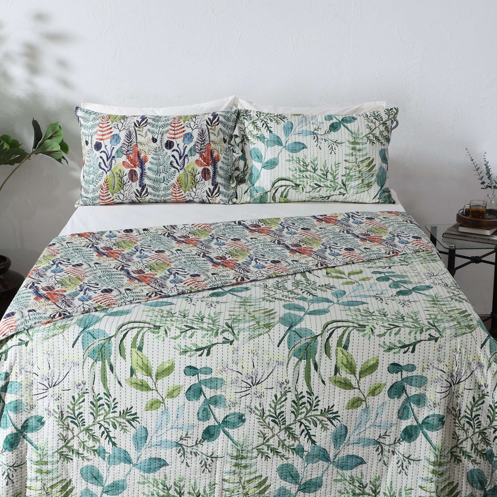 COTTON REVERSIBLE BEDSPREAD SET - BOTANICAL BLISS