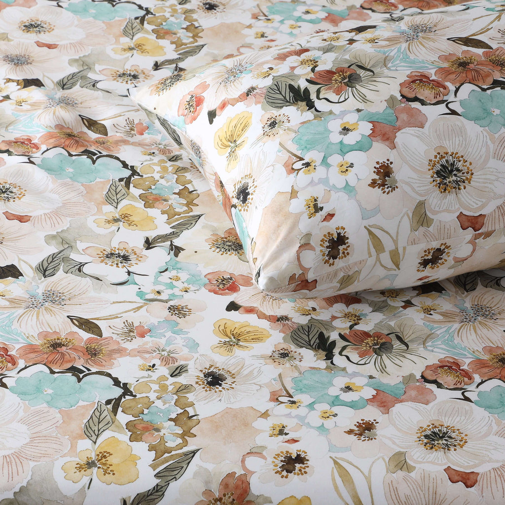 BAMBOO COTTON 300TC PRINTED FITTED SHEET SET - MEADOW MIST