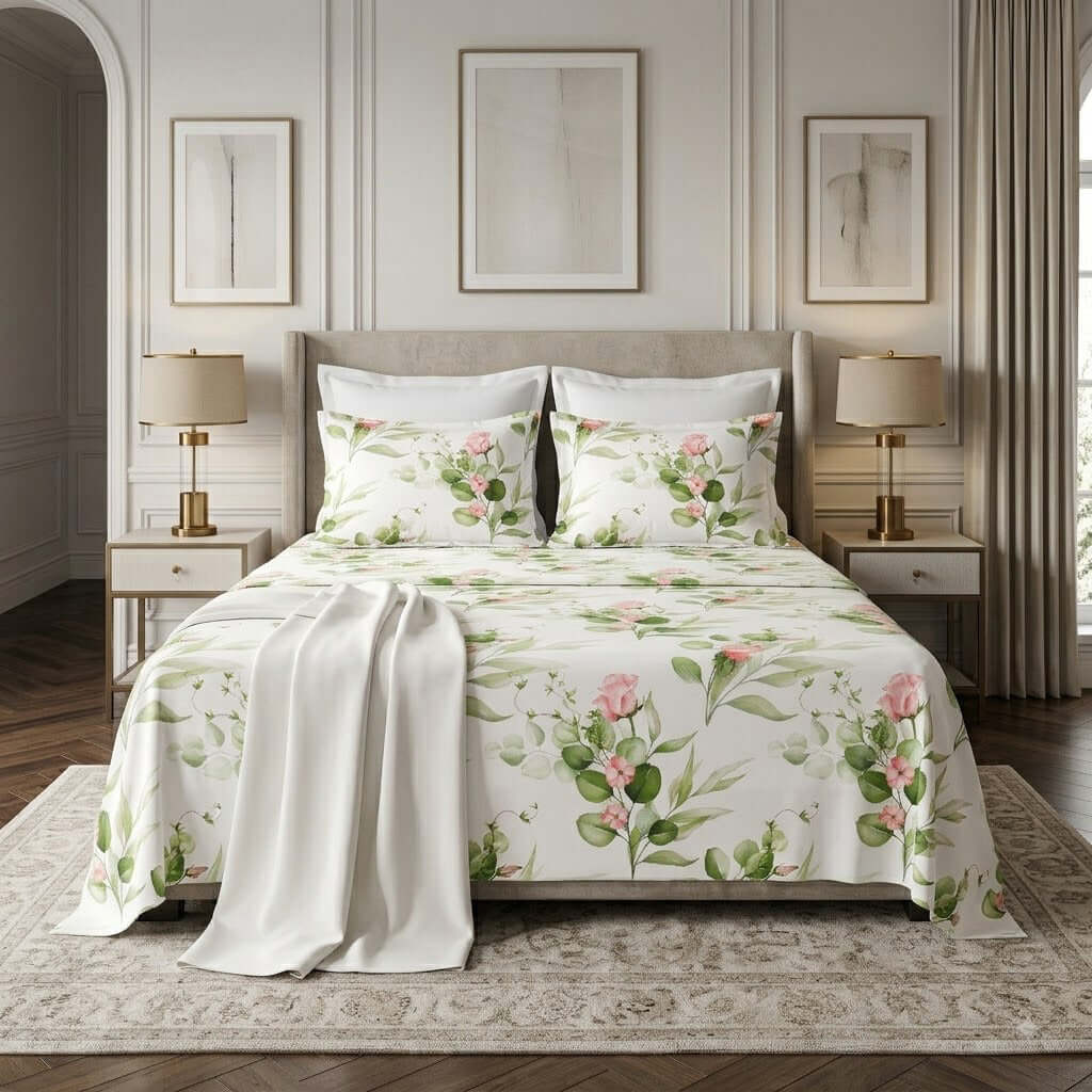 ORGANIC COTTON 200TC PERCALE PRINTED SHEET SET - RAMBLING ROSE