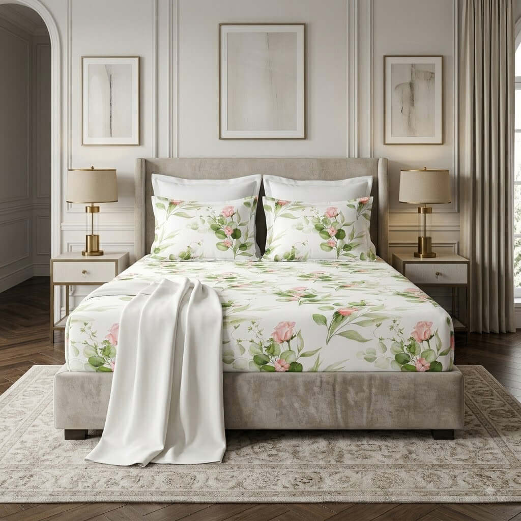 ORGANIC COTTON 200TC PRINTED FITTED SHEET SET - RAMBLING ROSE