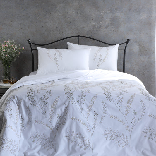 Sorrento — organic cotton percale ornate leaf embroidered design duvet cover set, 200 TC
