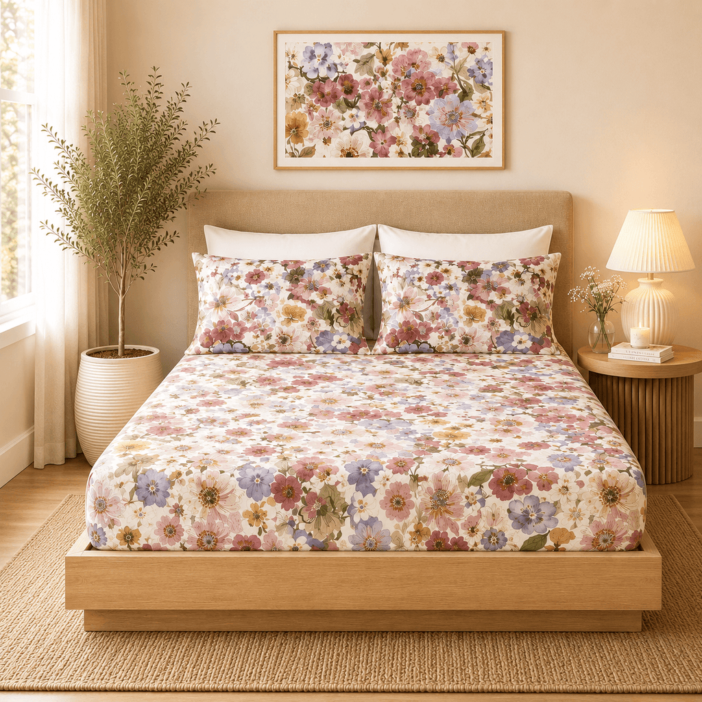 ORGANIC COTTON 200TC PRINTED FITTED SHEET SET - SERENITY