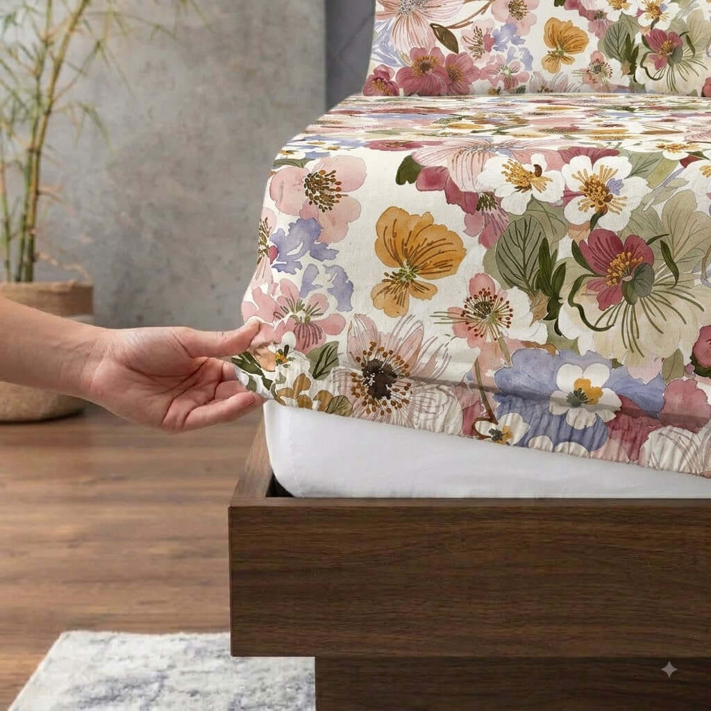 ORGANIC COTTON 200TC PRINTED FITTED SHEET SET - SERENITY