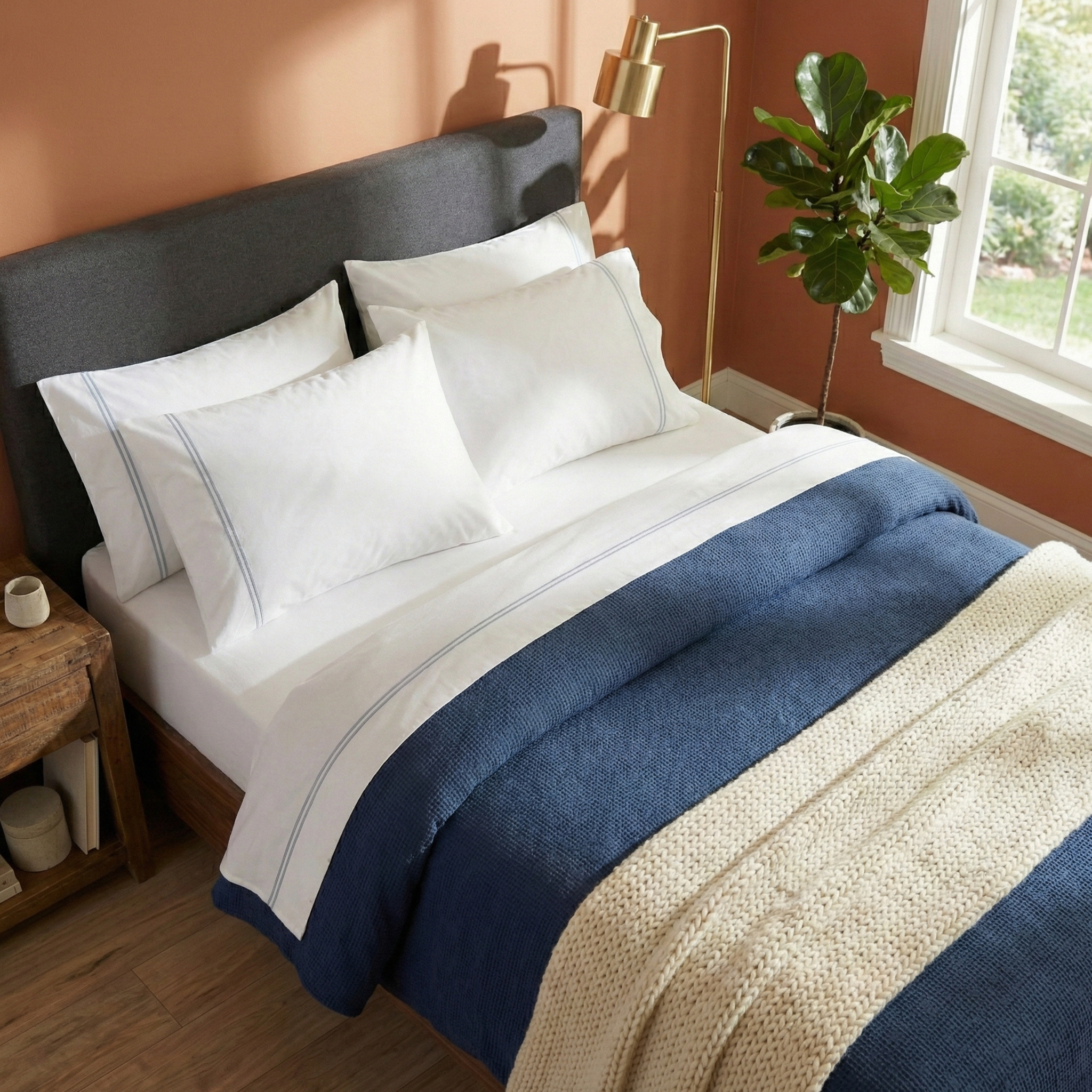 200TC WHITE ORGANIC COTTON EMBROIDERED SHEET SET - SKY ON WHITE