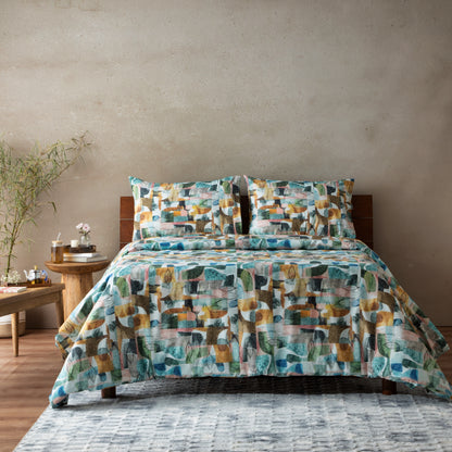 Foliage — organic cotton percale geometrical leaf printed duvet cover and pillowcase set, 200 TC