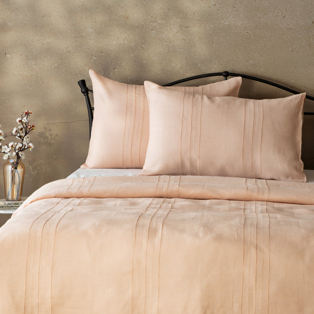 Heirloom — 100% linen pintucks and hemstitched embroidered duvet cover and pillowcases set in peach colour