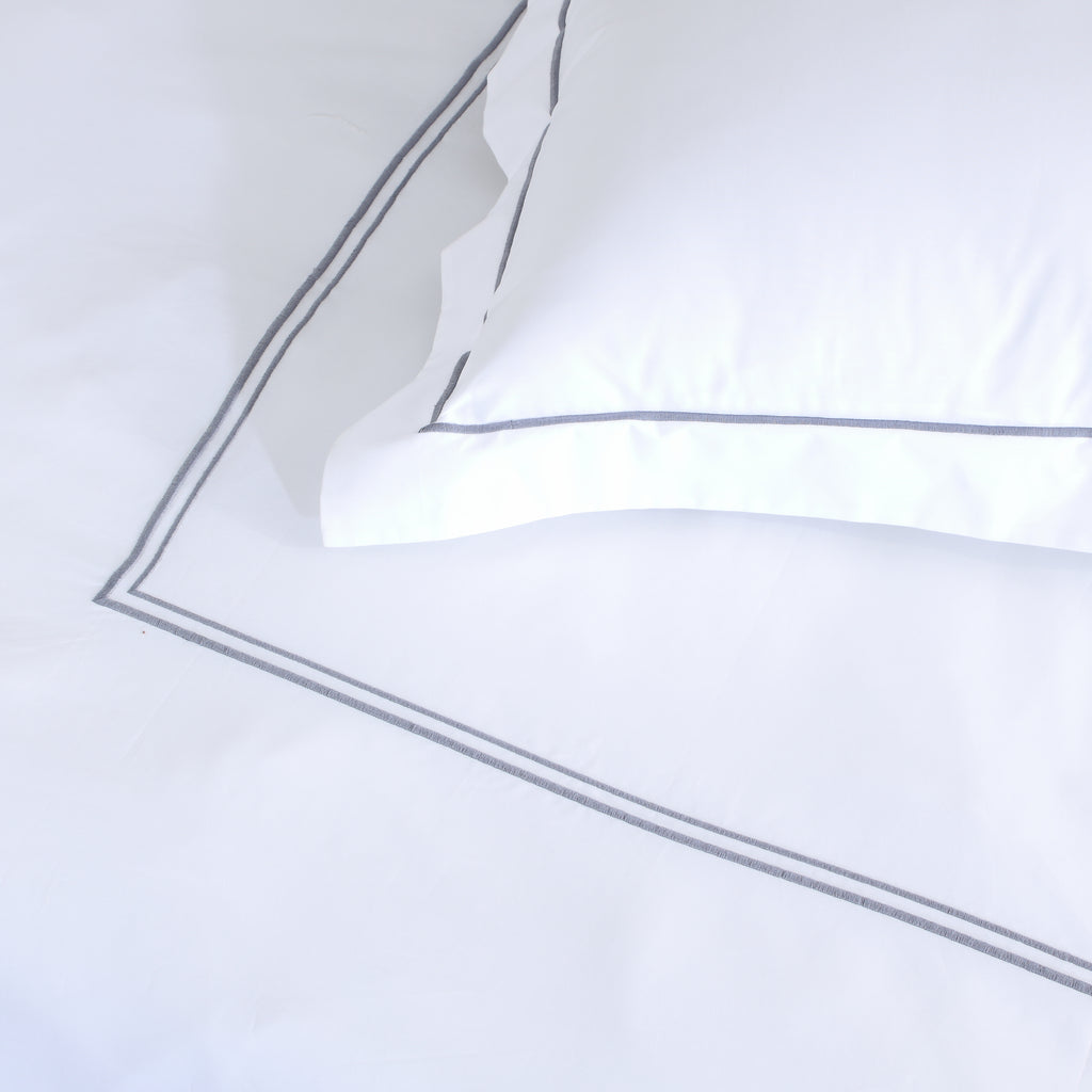 Ethan — organic cotton percale luxe marrow grey colour embroidered duvet cover with pillowcases set, 200 TC, hotel inspired, detail view