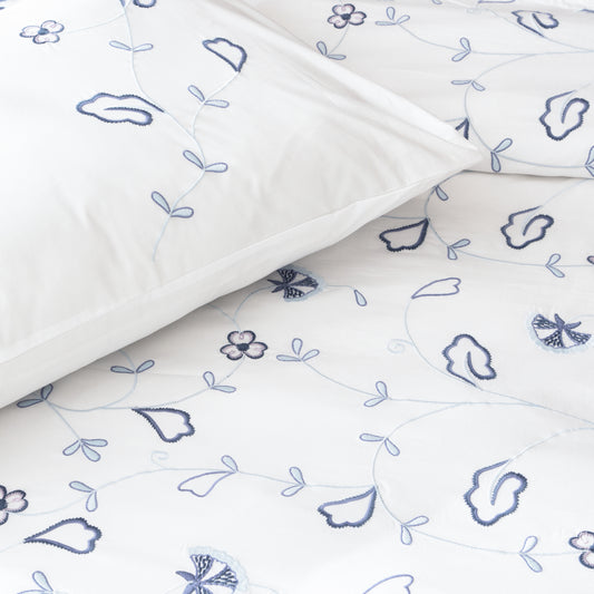 PARADISO 200 TC PERCALE 100% ORGANIC COTTON EMBROIDERED DUVET COVER SET - BLUES ON WHITE