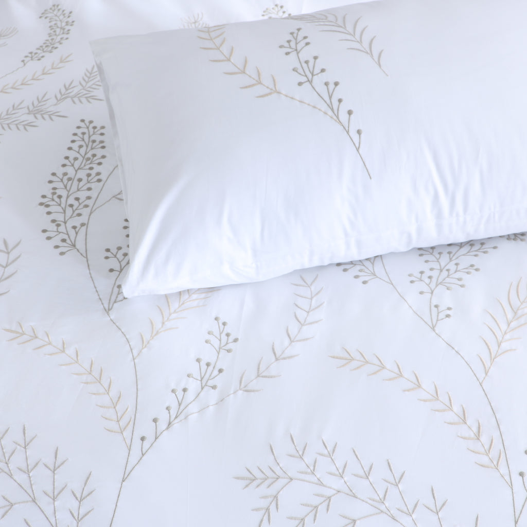 Sorrento — organic cotton percale ornate leaf embroidered design duvet cover set, 200 TC, detailed view