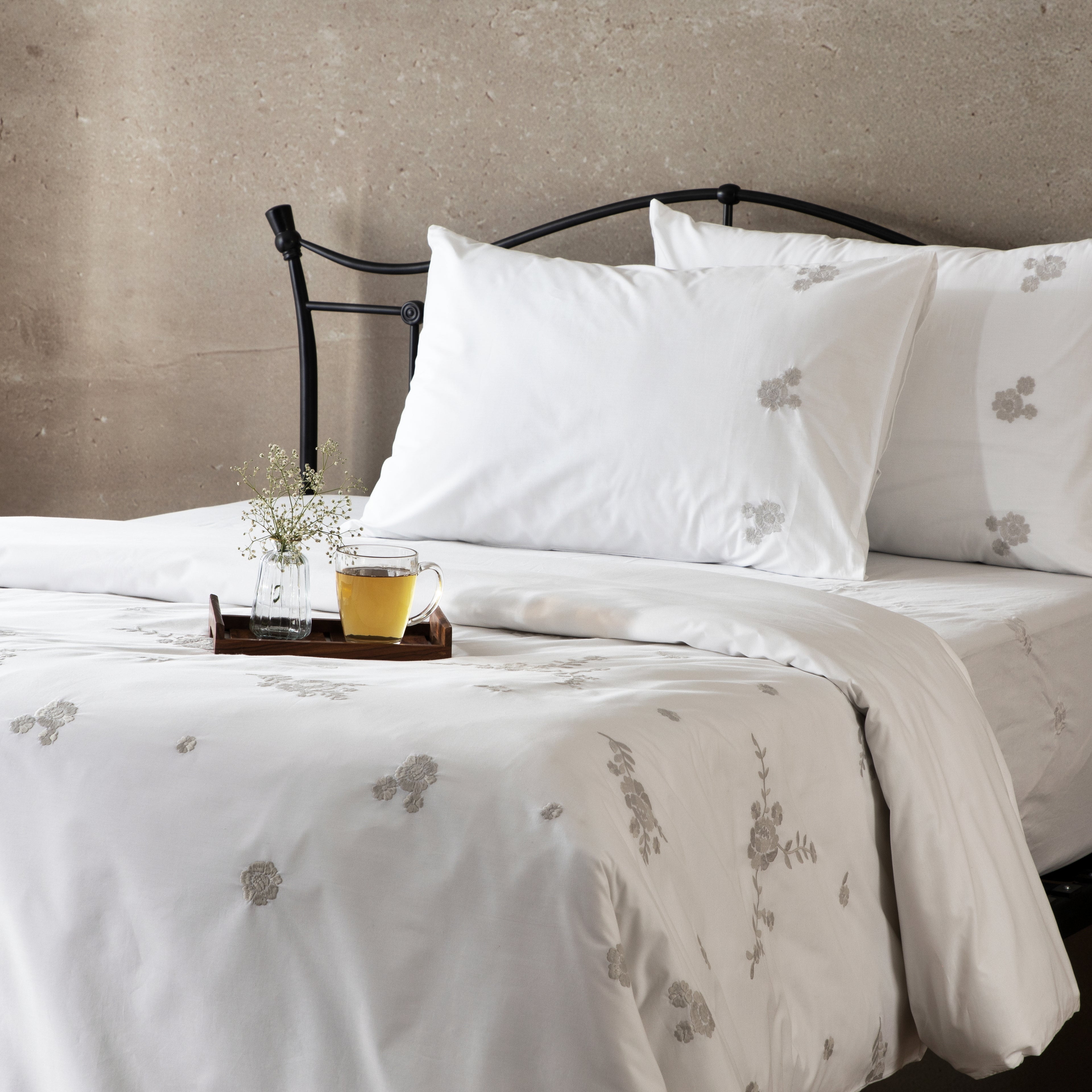 Tumbling Flowers — organic cotton percale grey tones floral embroidered duvet cover set, 200 TC