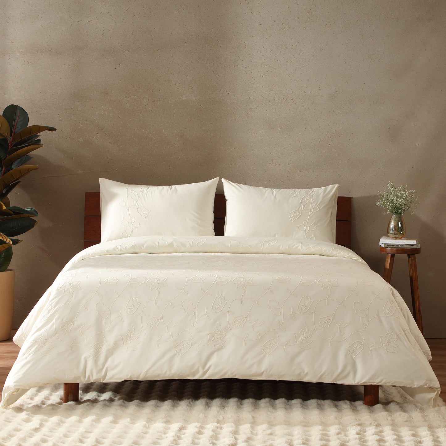 Abundance — organic cotton percale floral ivory on ivory embroidered duvet cover set, 200 TC