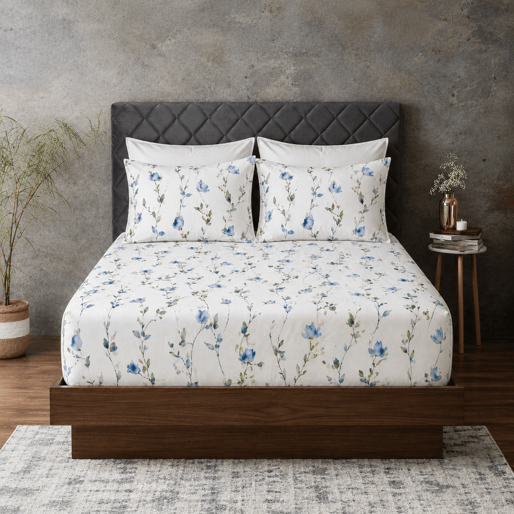 ORGANIC COTTON 200TC PRINTED FITTED SHEET SET - WATERCOLOUR MIST
