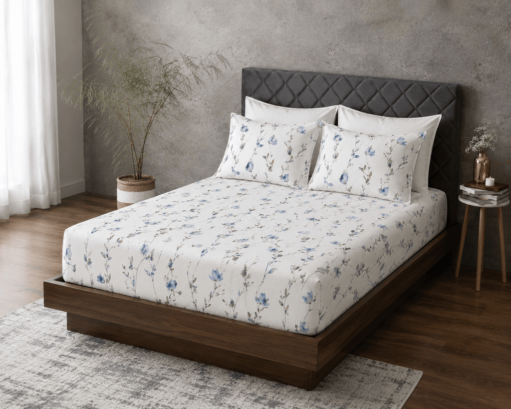 ORGANIC COTTON 200TC PRINTED FITTED SHEET SET - WATERCOLOUR MIST