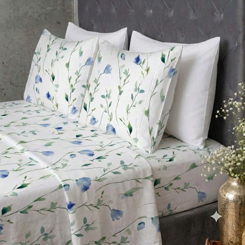 ORGANIC COTTON 200TC PRINTED FITTED SHEET SET - WATERCOLOUR MIST