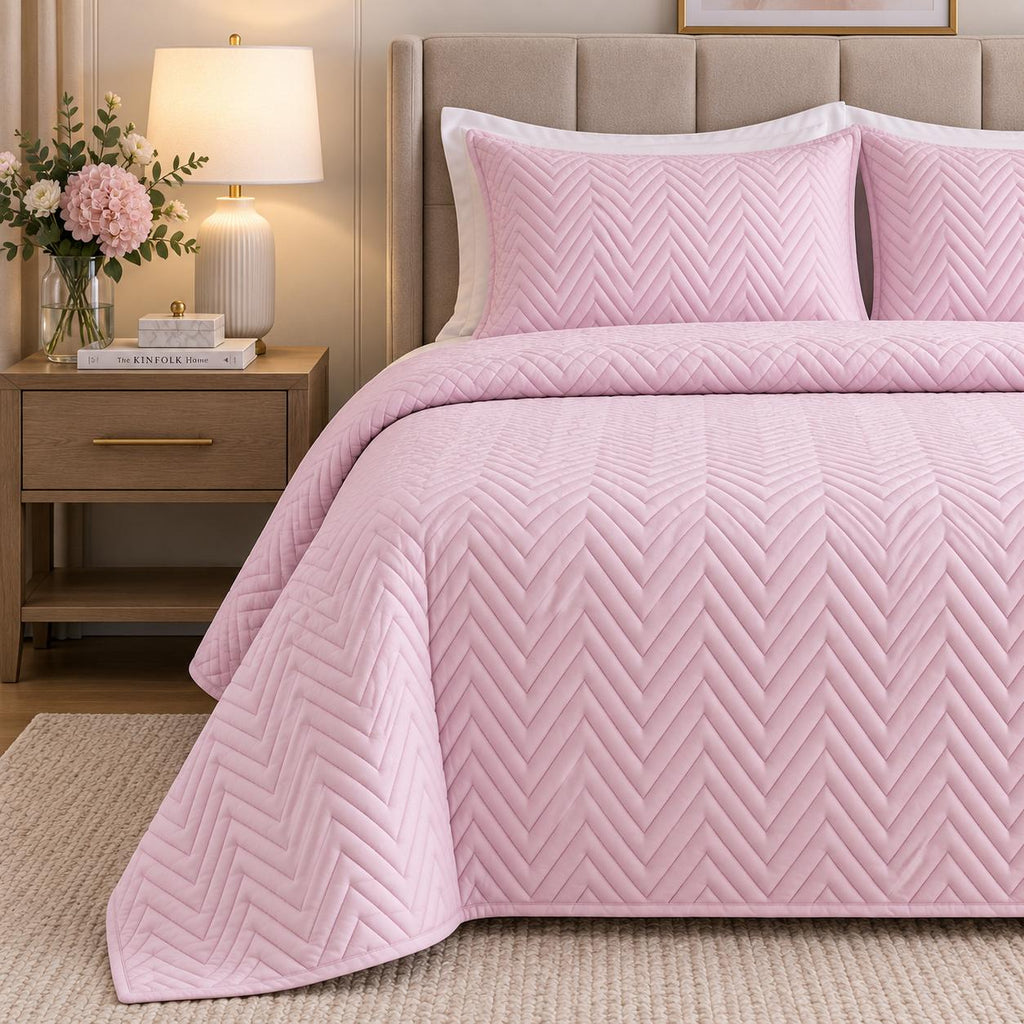 COTTON QUILTED HERRINGBONE BEDSPREAD SET - DUSTY PINK