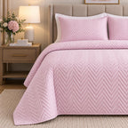 COTTON QUILTED HERRINGBONE BEDSPREAD SET - DUSTY PINK