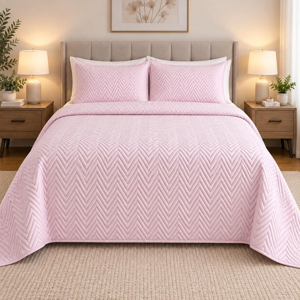 COTTON QUILTED HERRINGBONE BEDSPREAD SET - DUSTY PINK