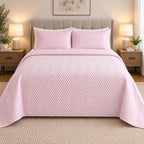 COTTON QUILTED HERRINGBONE BEDSPREAD SET - DUSTY PINK