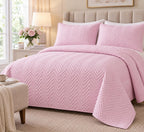 COTTON QUILTED HERRINGBONE BEDSPREAD SET - DUSTY PINK
