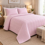 COTTON QUILTED HERRINGBONE BEDSPREAD SET - DUSTY PINK