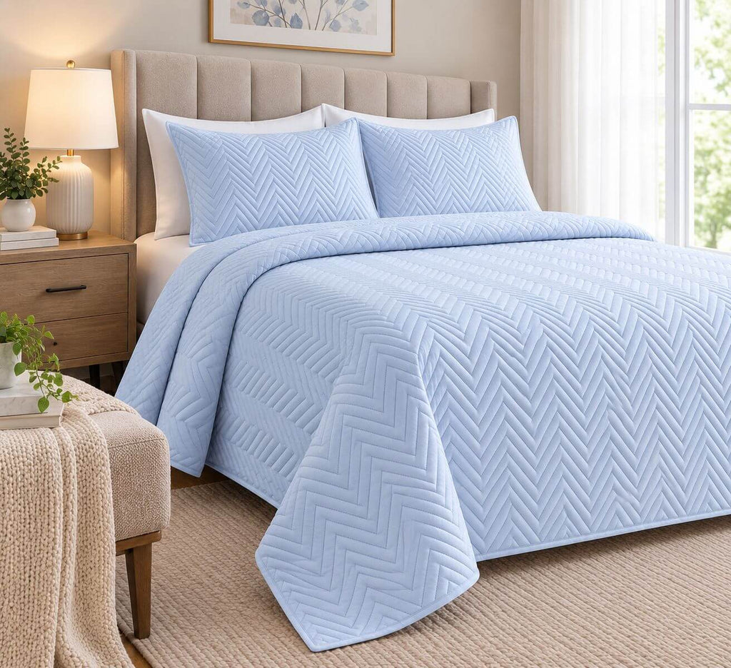 COTTON QUILTED HERRINGBONE BEDSPREAD SET - SKY BLUE