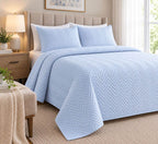 COTTON QUILTED HERRINGBONE BEDSPREAD SET - SKY BLUE