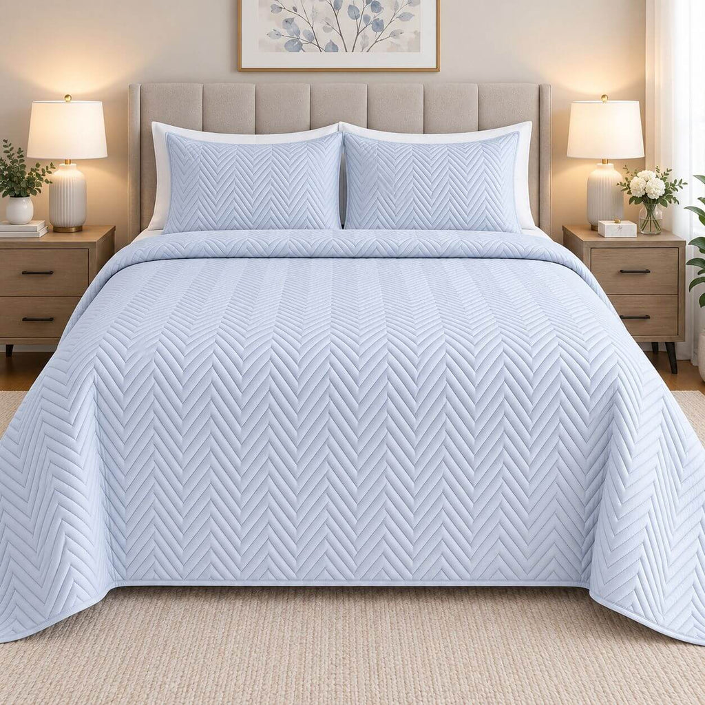 COTTON QUILTED HERRINGBONE BEDSPREAD SET - SKY BLUE