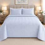 COTTON QUILTED HERRINGBONE BEDSPREAD SET - SKY BLUE