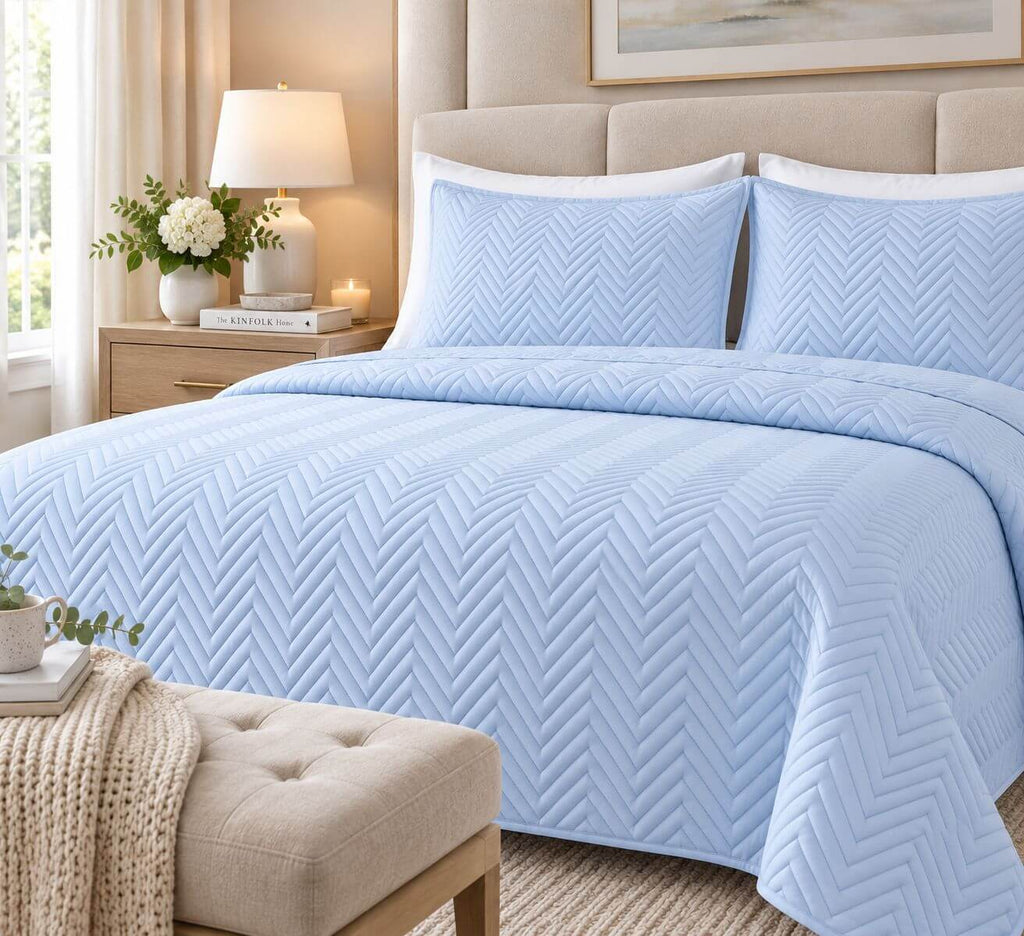 COTTON QUILTED HERRINGBONE BEDSPREAD SET - SKY BLUE