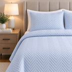 COTTON QUILTED HERRINGBONE BEDSPREAD SET - SKY BLUE