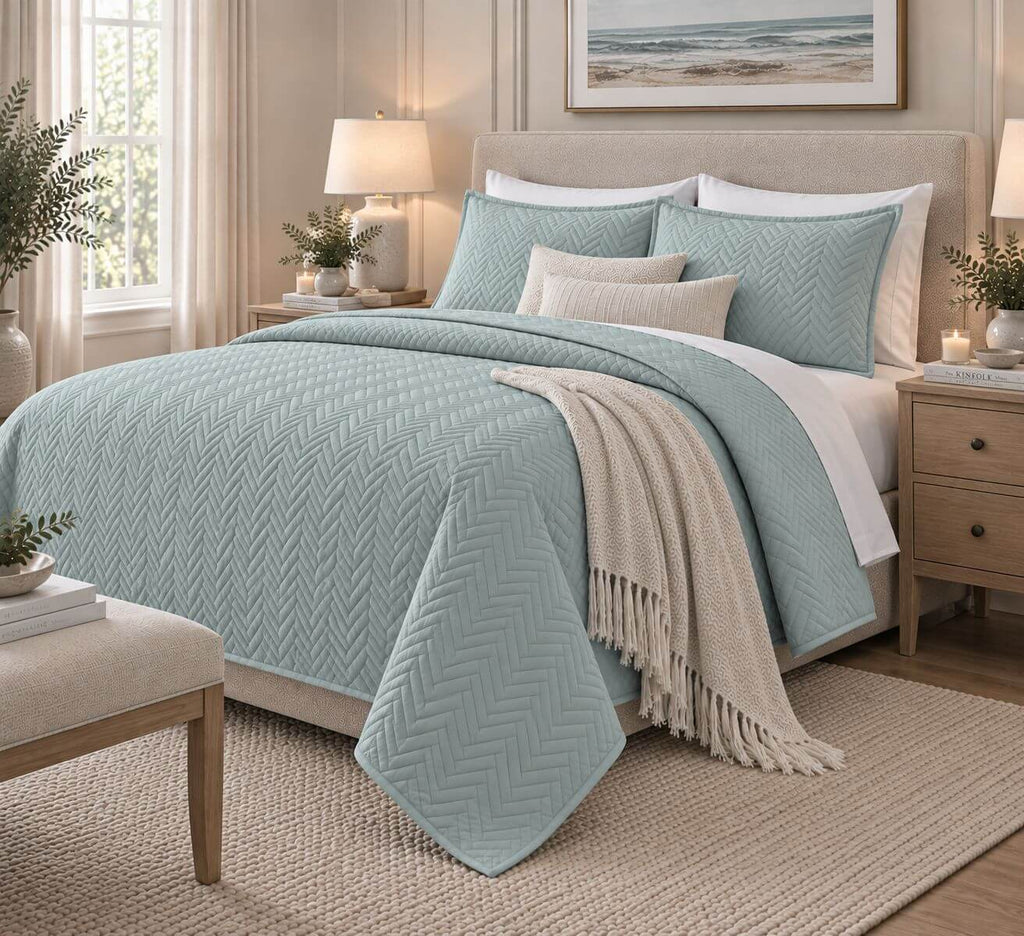 COTTON QUILTED HERRINGBONE BEDSPREAD SET - SURF SPRAY
