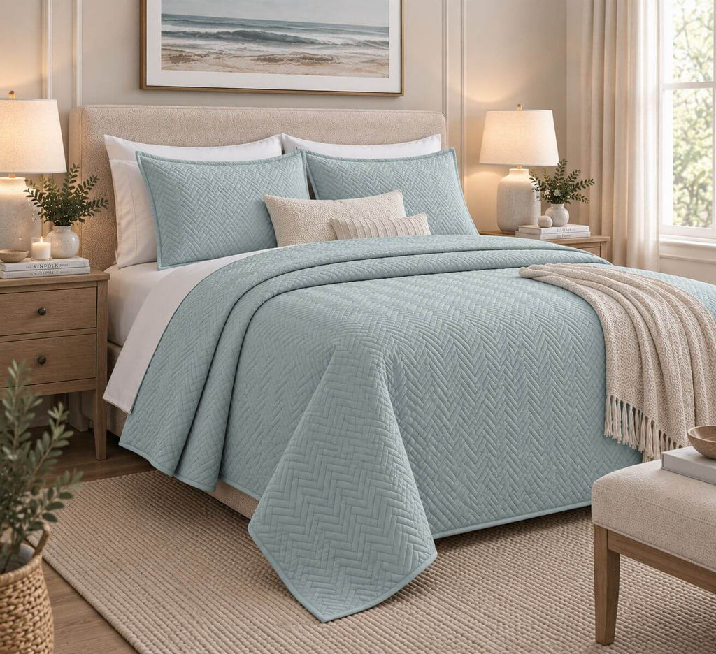 COTTON QUILTED HERRINGBONE BEDSPREAD SET - SURF SPRAY