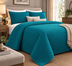 COTTON QUILTED HERRINGBONE BEDSPREAD SET - EMERALD