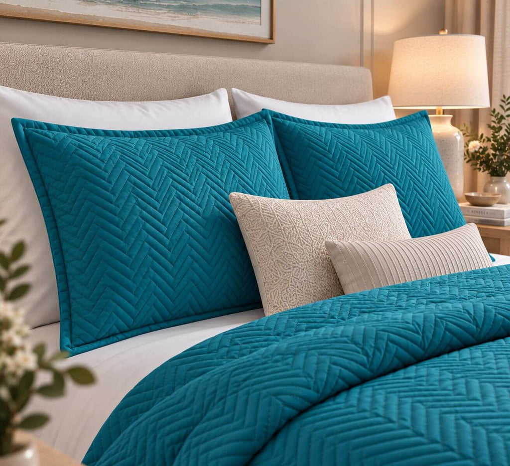 COTTON QUILTED HERRINGBONE BEDSPREAD SET - EMERALD