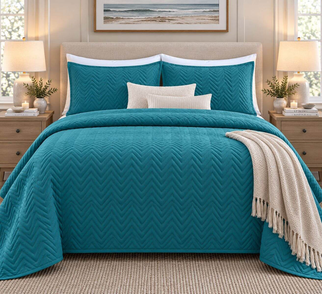 COTTON QUILTED HERRINGBONE BEDSPREAD SET - EMERALD