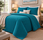 COTTON QUILTED HERRINGBONE BEDSPREAD SET - EMERALD