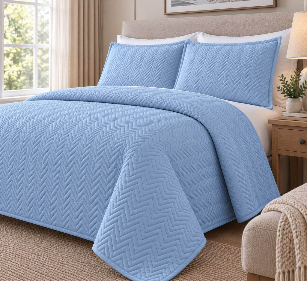 COTTON QUILTED HERRINGBONE BEDSPREAD SET - FLUORESCENT ICE
