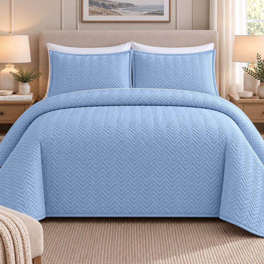 COTTON QUILTED HERRINGBONE BEDSPREAD SET - FLUORESCENT ICE