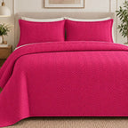 COTTON QUILTED HERRINGBONE BEDSPREAD SET - FUSCHIA