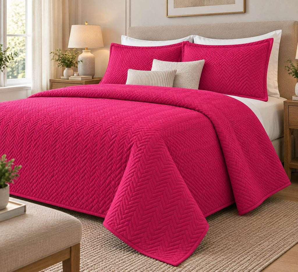 COTTON QUILTED HERRINGBONE BEDSPREAD SET - FUSCHIA