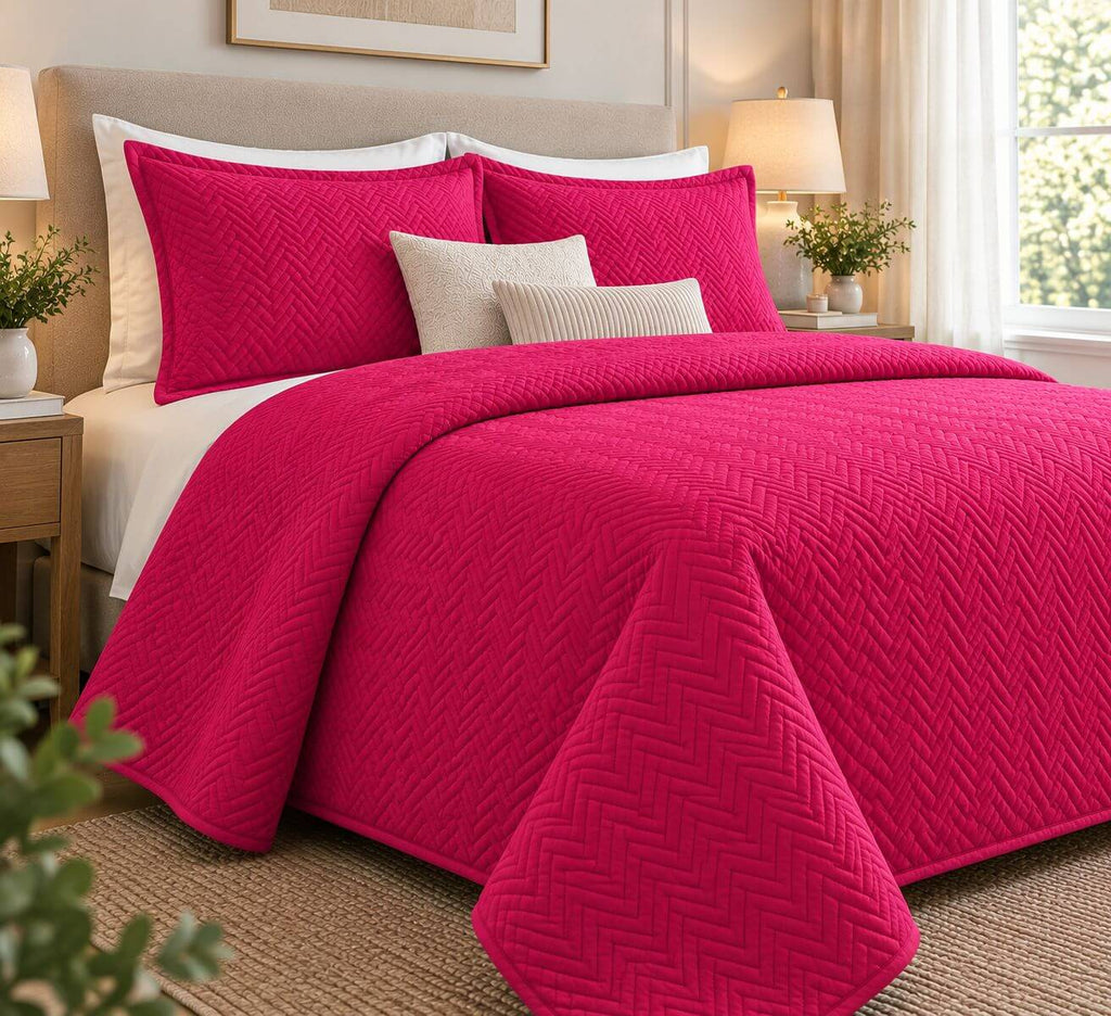 COTTON QUILTED HERRINGBONE BEDSPREAD SET - FUSCHIA