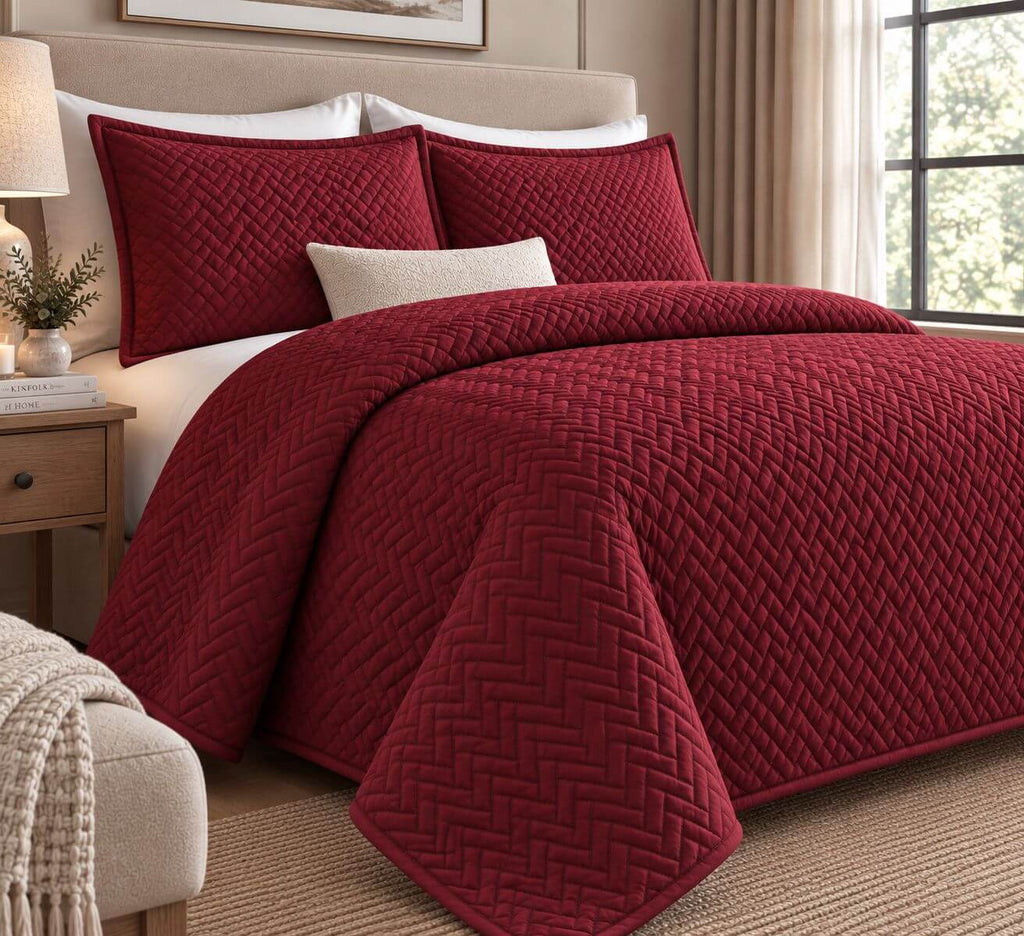 COTTON QUILTED HERRINGBONE BEDSPREAD SET - BARN RED