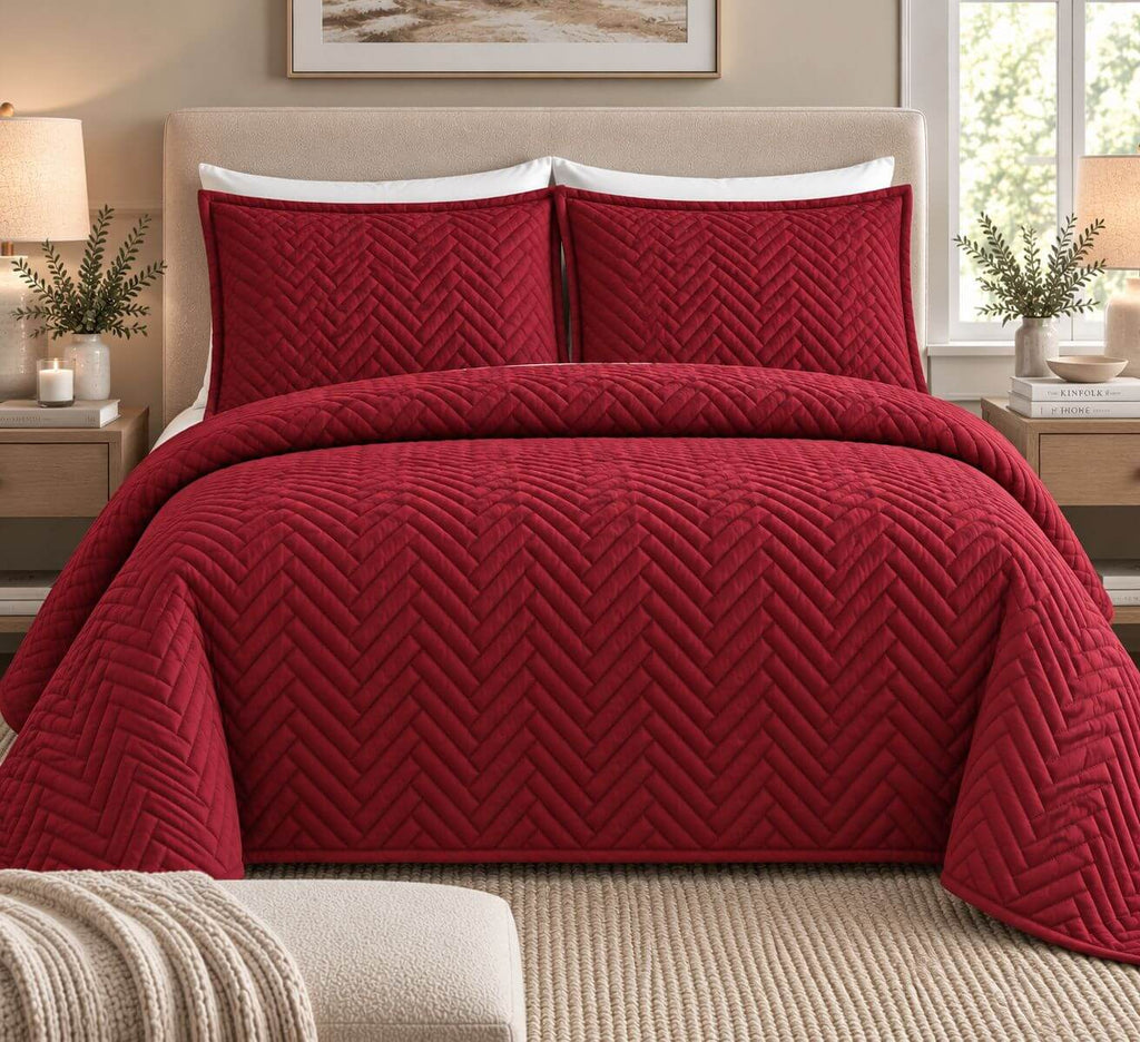 COTTON QUILTED HERRINGBONE BEDSPREAD SET - BARN RED