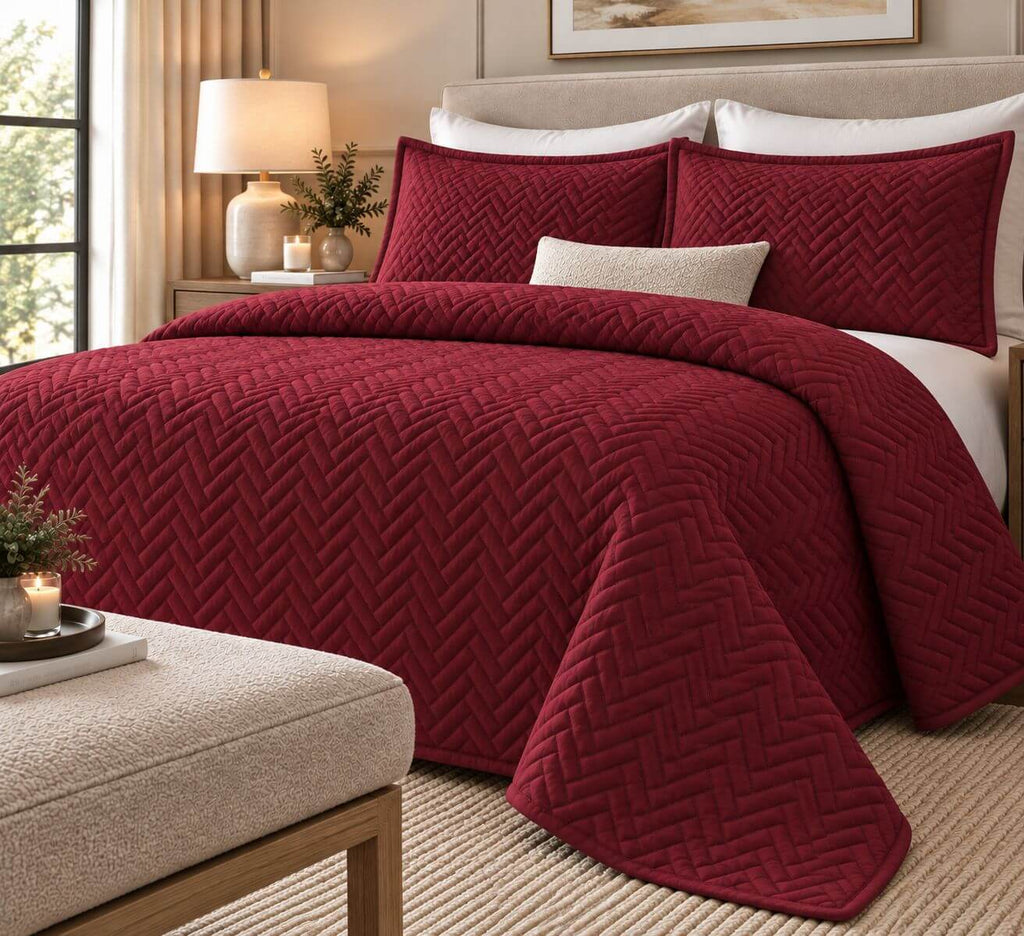 COTTON QUILTED HERRINGBONE BEDSPREAD SET - BARN RED