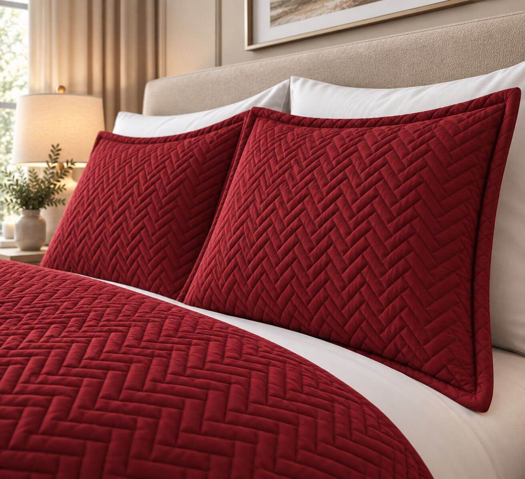 COTTON QUILTED HERRINGBONE BEDSPREAD SET - BARN RED