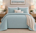 COTTON QUILTED HERRINGBONE BEDSPREAD SET - SURF SPRAY