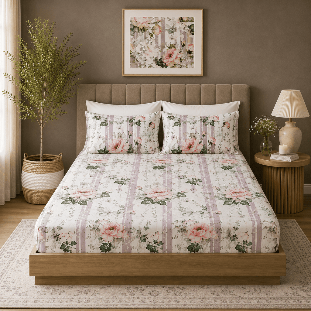 ORGANIC COTTON 200TC PRINTED FITTED SHEET SET - WHISPERING ROSE
