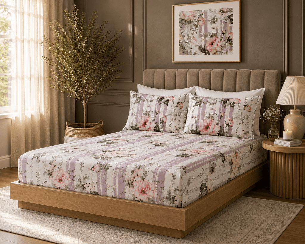 ORGANIC COTTON 200TC PRINTED FITTED SHEET SET - WHISPERING ROSE