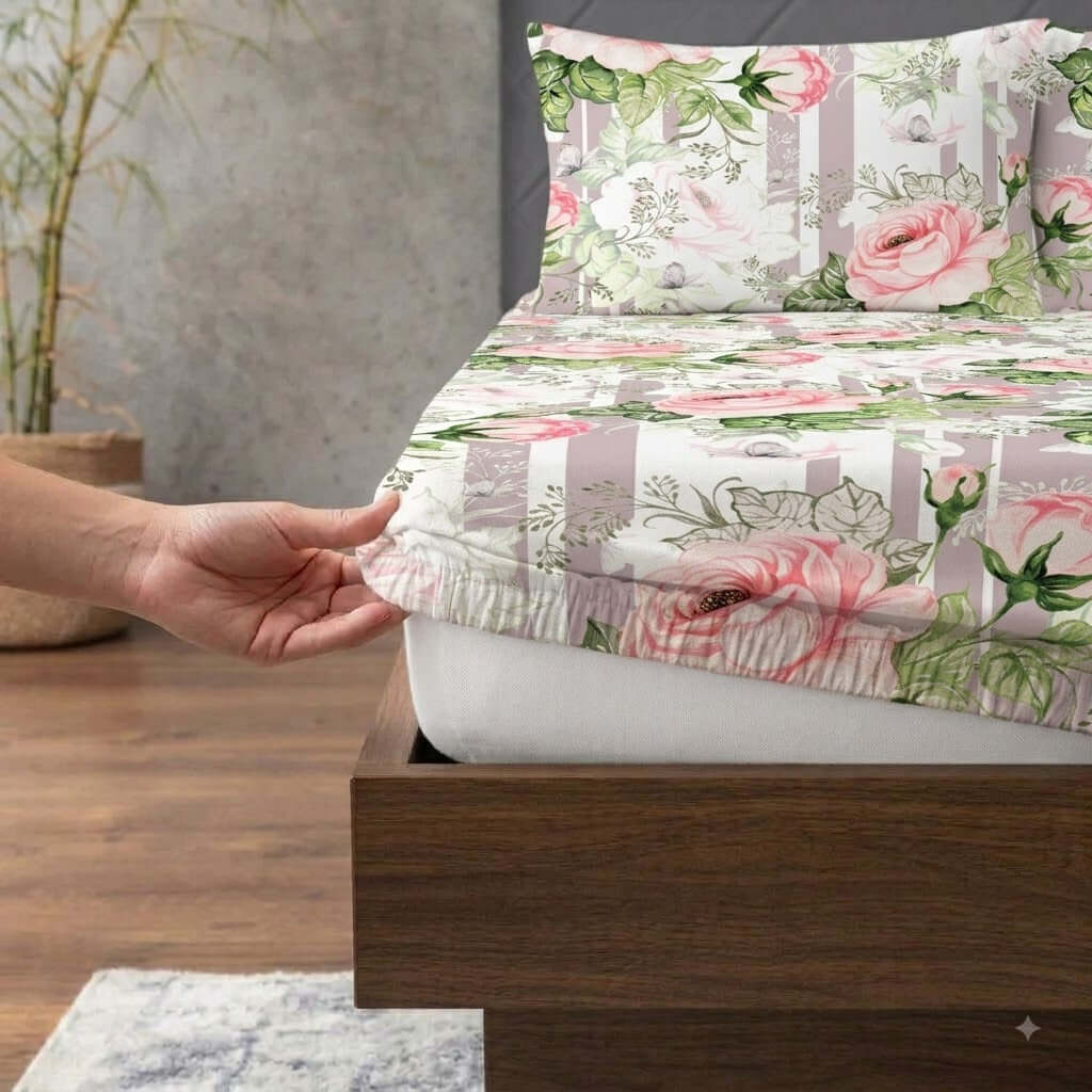 ORGANIC COTTON 200TC PRINTED FITTED SHEET SET - WHISPERING ROSE